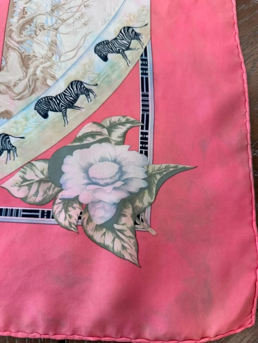 Hermes Silk Scarf Pink White Hand Rolled Made in France
